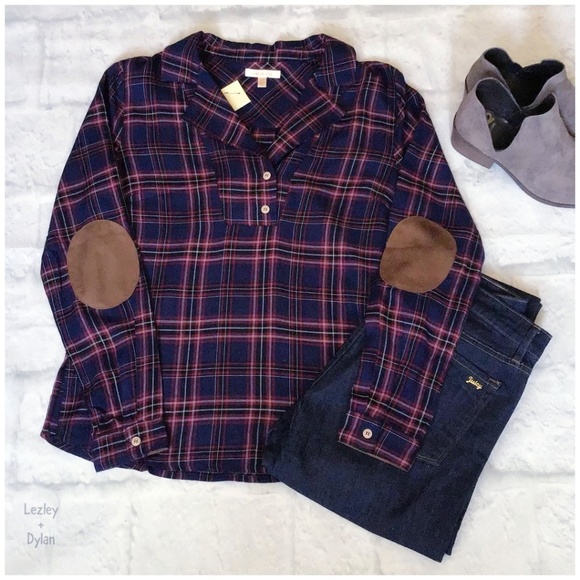 LAST ONE❗Skies Are Blue Stitch Fix Navy Plaid Top - Picture 2 of 7